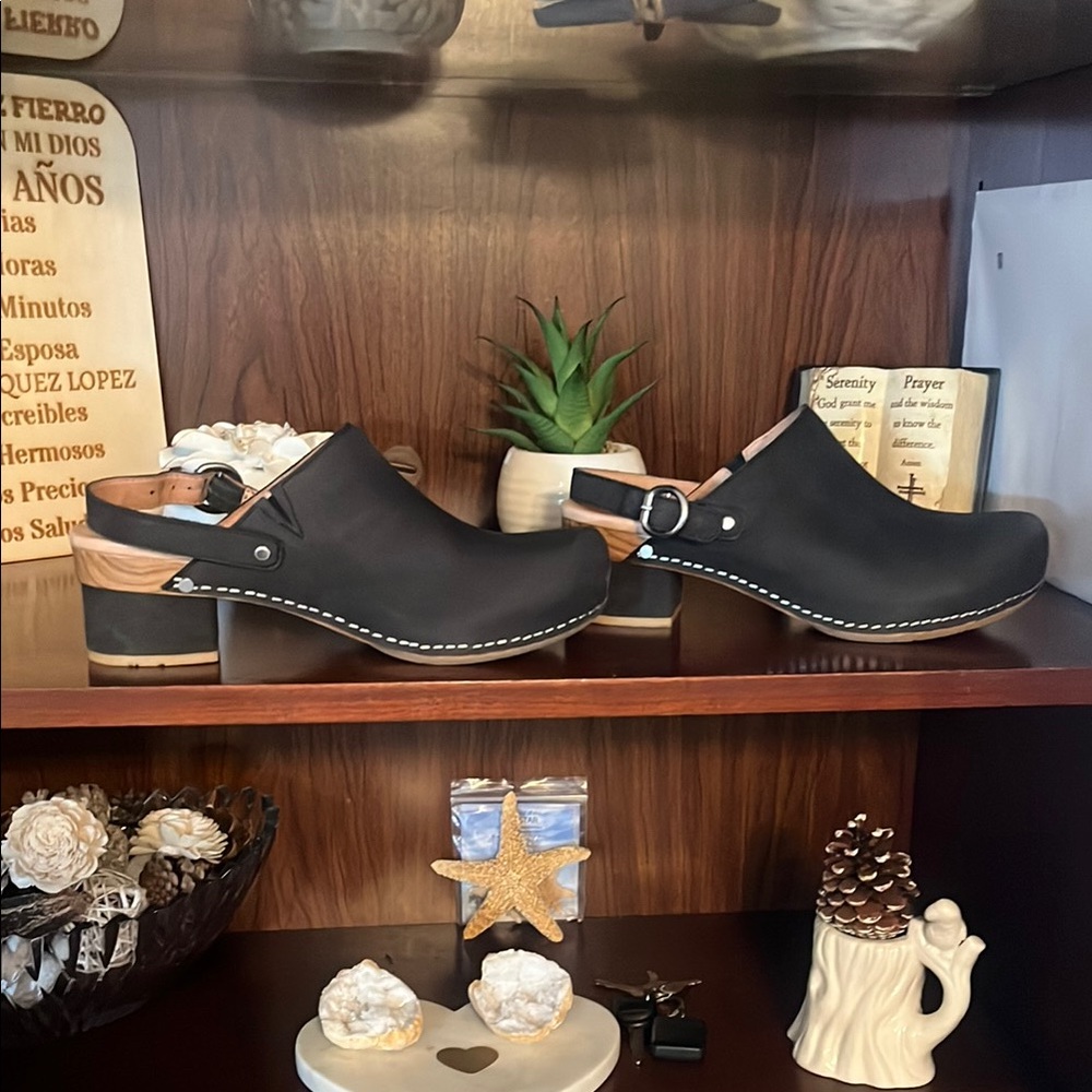Dansko Marty Clog Black Leather Clogs with Wooden Heel